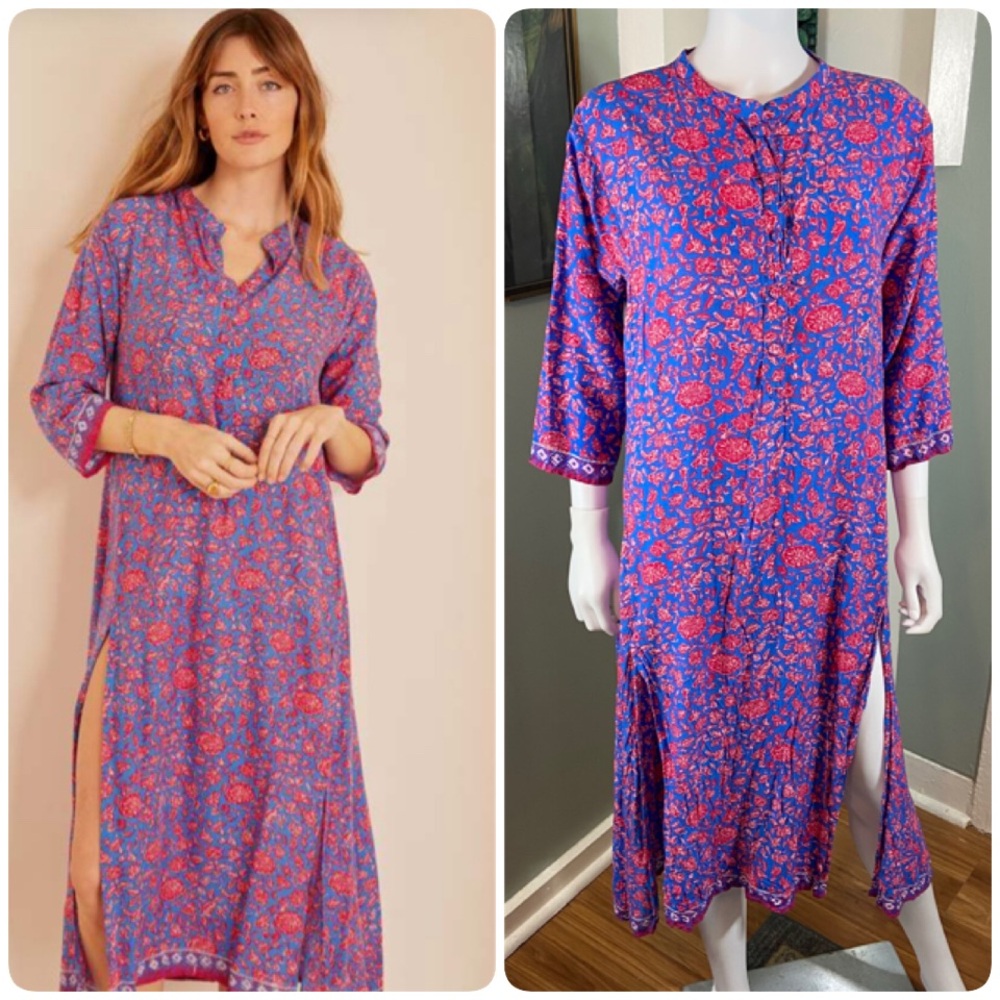 Natalie Martin Isobel Bloom Print Persian Blue Floral Midi Caftan Dress Medium M